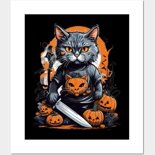 Cat with knife on Halloween Posters and Art